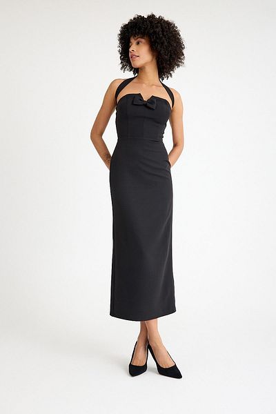 SpringStore Rochie de seară lungă cu eșarfă neagră