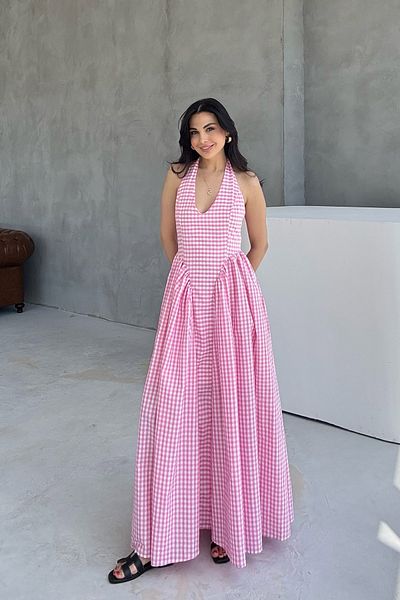 Seda Yalçın Atelier Pink Gingham Patterned Halter Dress