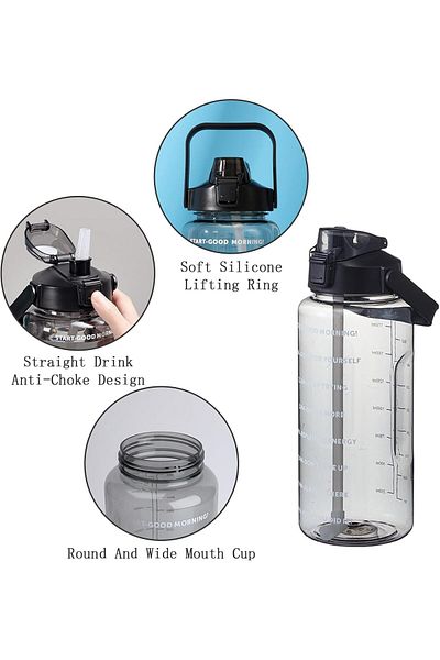 COOYA 2L Large Water Bottle, Sports Gym Drink Container, with Straw & Time Marker for Outdoor Fitness
