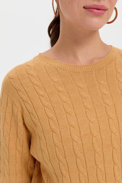 Desen Triko Camel Color Women's Sweater - Zero Collar and Hair Braid
