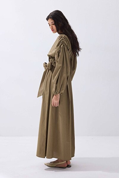 Hooopstore Pamuklu Kruvaze Zeytin Yeşili Elbise