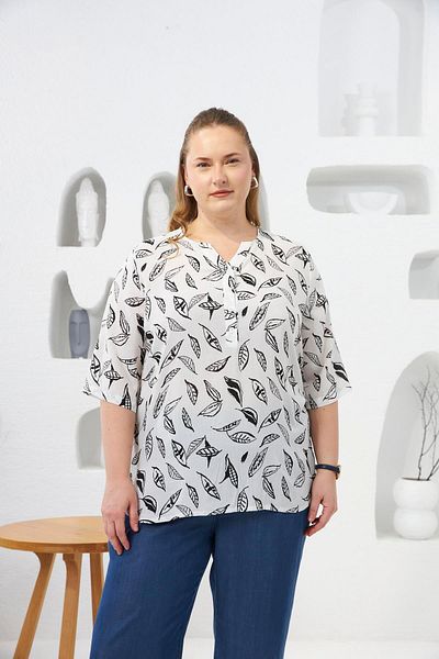 RMG Leaf Patterned Large Size Blouse Ecru