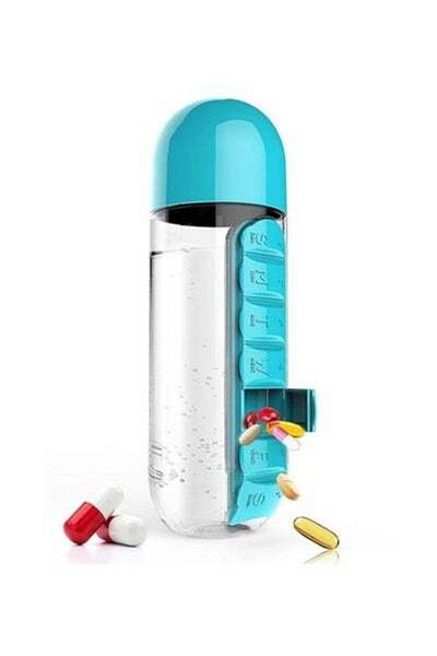HALAMODO Plastic Water Bottle With Daily Pill Box Organizer Blue/Clear 23.5x6.9cm
