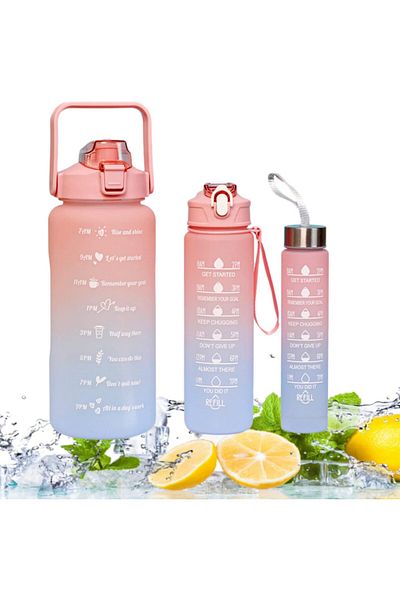 COOYA Sports Water Bottles Set of 3, 2000ml+900ml+500ml, BPA Free with Time Capacity Marker