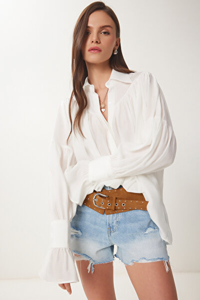 Lovelyİstanbul Összegyűjtött poplin ing ECRU LFN0097