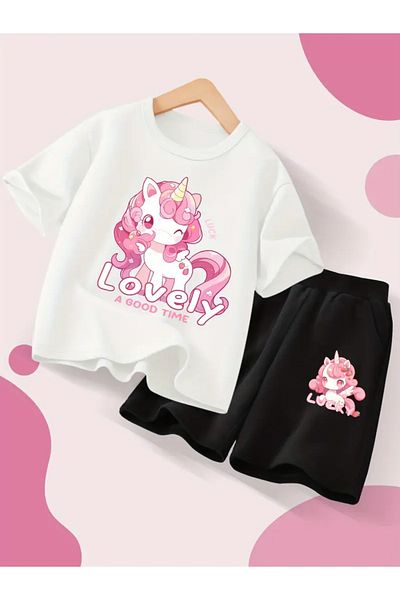 Machetta Girl's Unicorn Printed T-Shirt Shorts Bottom Top Children's Set