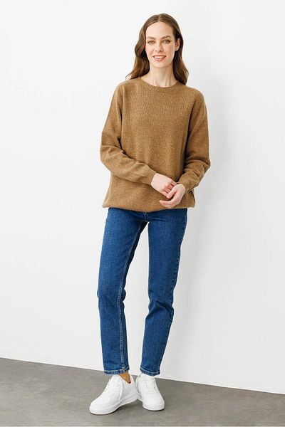 Desen Triko Women's Crew Neck Classic Wool Sweater V.Camel