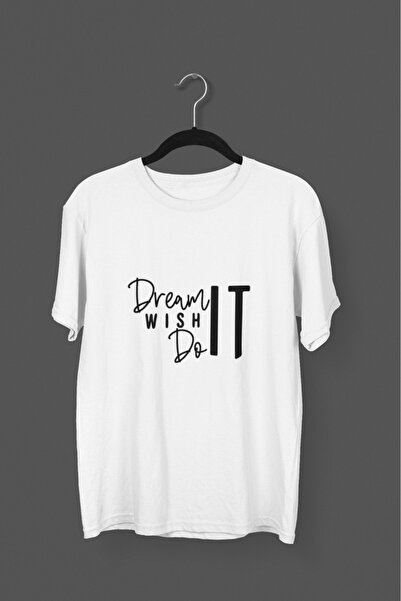 Butik تي شيرت رجالي/نسائي -DREAM WISH DO IT- تي شيرت مطبوع برقبة دائرية وأكما...