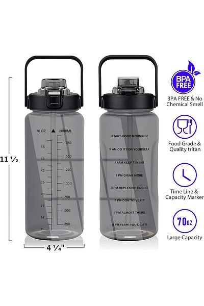 COOYA 70oz (2L) Water Bottle, with Storage Sleeve, Straw and Time Stamp, Leak-Proof Tritan BPA-Free