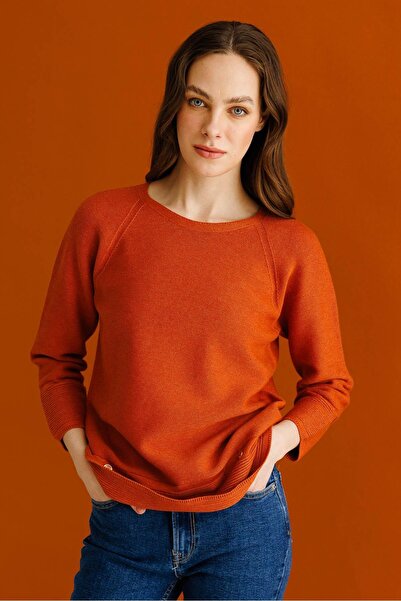 Desen Triko Kadın Sıfır Yaka Dikişsiz Kazak Turuncu