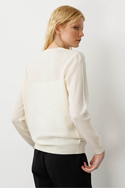 Desen Triko Women's V-Neck Diamond Wool Sweater Bone