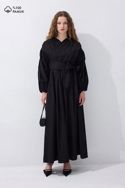 Hooopstore Βαμβακερό μαύρο φόρεμα με διπλό στήθος