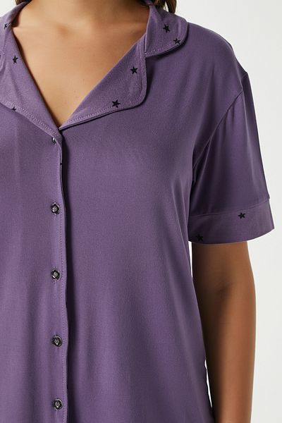 Ritnice Women's Star Soft Texture Purple Starry Front Buttoned Short Sleeve Pajamas Set