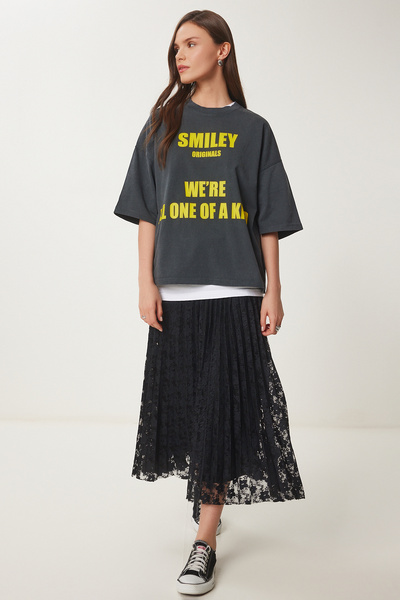 Lovelyİstanbul Δαντελένια Πλισέ Midi Πλεκτή Φούστα ΜΑΥΡΗ LHC0012