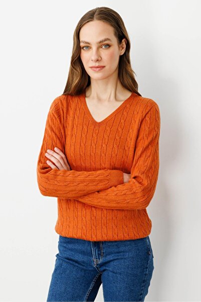 Desen Triko Жіночий светр з V-подібним вирізом та плетеним візерунком, оранжевий