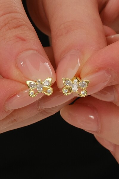 Söğütlü Silver Gümüş altın yaldızlı zirkon taşlı kelebek küpe SGTL12847GOLD