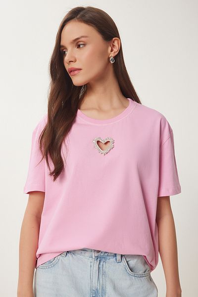 Lovelyİstanbul Tricou tricotat din bumbac cu accesorii inimă strălucitoare ROZ LNS0024