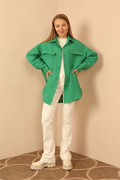 Lukas Jacquard Fabric Onion Pattern Quilted Oversize Women's Shirt-Green