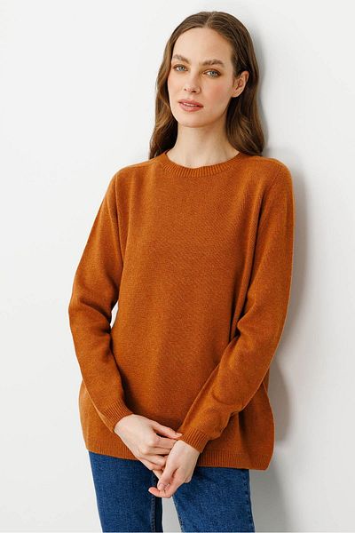 Desen Triko Women's Crew Neck Classic Wool Sweater Cinnamon