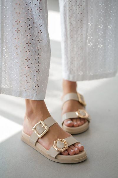 selinshoes Any Double Gold Buckle Women's Slippers - Ecru