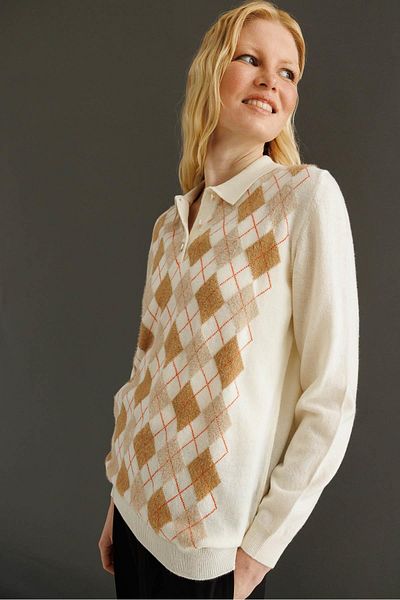 Desen Triko Women's Polo Neck Front Diamond Wool Sweater Bone