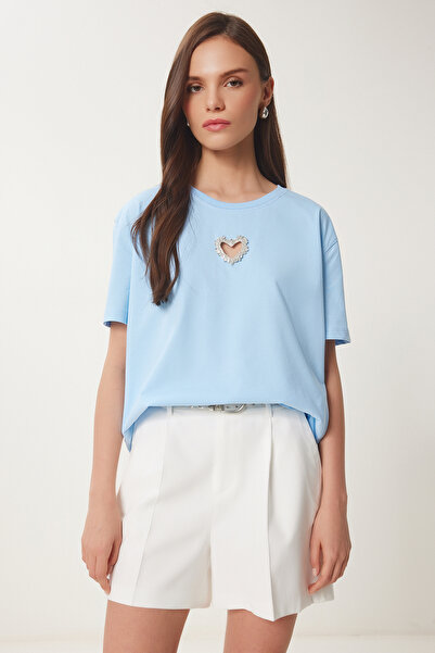 Lovelyİstanbul Βαμβακερό πλεκτό μπλουζάκι με αξεσουάρ Sparkling Heart SKY BLU...
