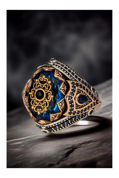 OSMANLI GÜMÜŞ Erkek Mavi Topaz Taşlı Kalem İşlemeli Zirkon Taşlı 925 Ayar Güm...