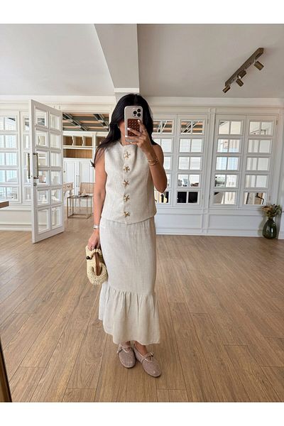 My Blog Natural Star Buttoned Vest Skirt Suit - 8706