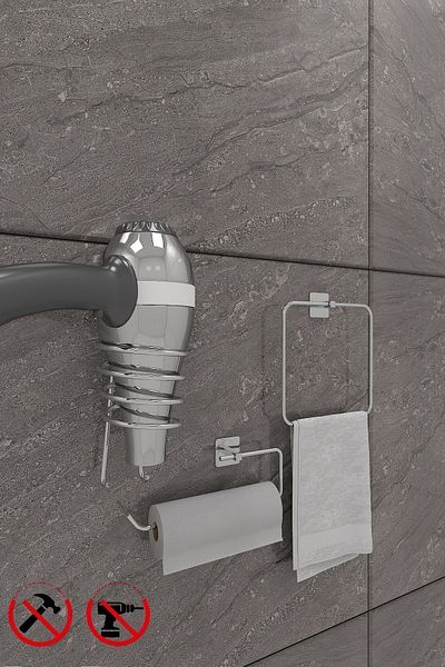 Alper Banyo Scilla Square Chrome 3-Piece Adhesive Bathroom Set |   Square Towel Holder, Solo Towel Holder, Square Blow Dryer Hanger