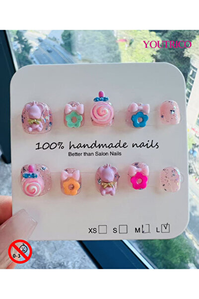 Youtrico أظافر لاصقة للأطفال مصنوعة يدويًا بنسبة 100%، لون أخضر كرتوني، آمنة ...