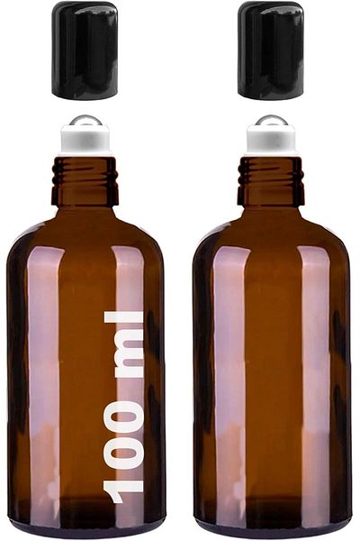LUXE 100 ml Steel Roll on Bottle 100 Cc Leak Proof Black Cap Glass Bottle 2 Pcs (Amber, 100) Lxs