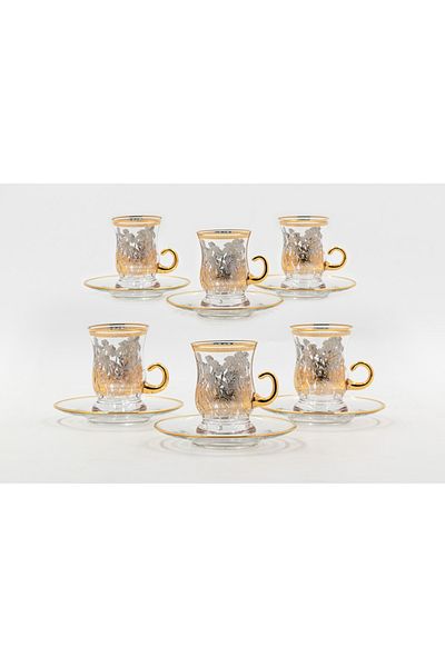 Dania Turkish crystal tea cup set beautifully laser engraved in gold and silver 6 cups + 6 saucers