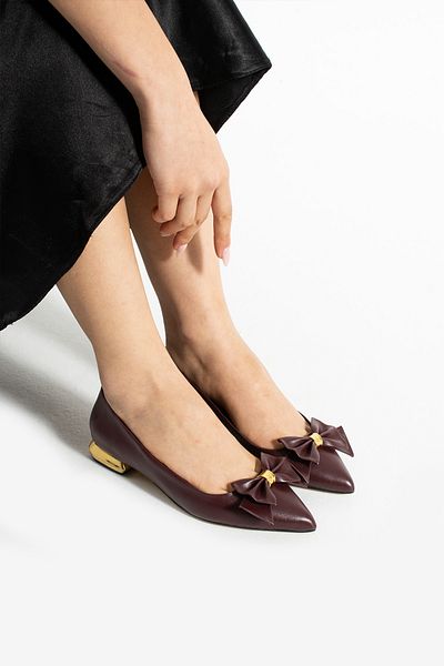 Güllü Shoes Burgundy Matte Vegan Leather Bow Gold Heeled Pointed Toe Women's Ballerina Shoes – Daily Elegance
