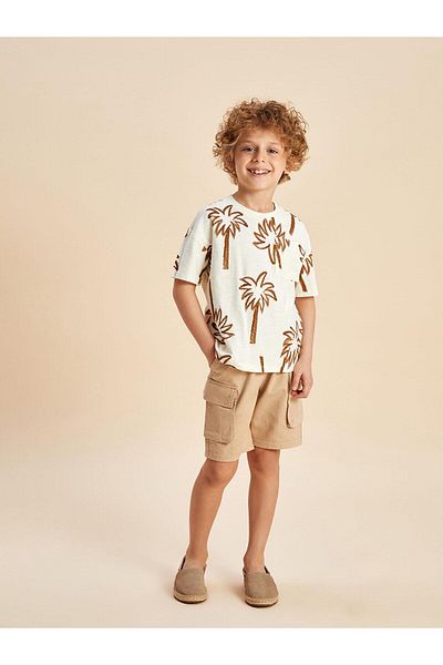 LC Waikiki Тениска за момчета с бежов принт и курортна яка LCW Kids