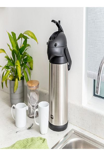 emsa Addis Pump Pot 3L | Stainless Steel/Black | Vacuum Insulated | Ideal for Catering & Travel