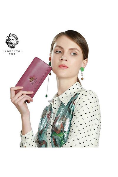Laorentou Portofel lung pentru femei Freya din piele naturală, fabricat în Italia, cu magnet dublu - Suport pentru carduri pentru femei