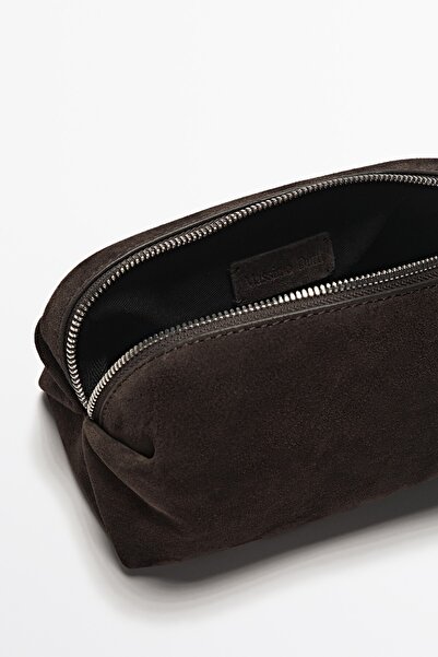 Massimo Dutti Yırtmaçlı deri kalın süet makyaj çantası