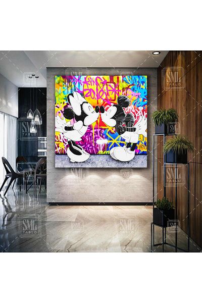 SML TABLO Minnie And Mickey Kisses Mickey And Mini Mouse Kiss Art Decor Τετράγωνος πίνακας σε καμβά