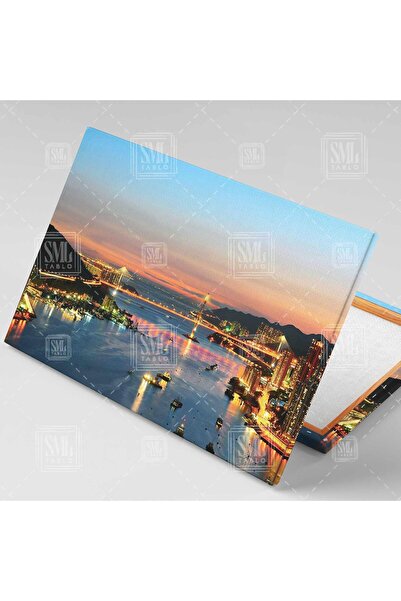 SML TABLO İstanbul Şehir Işıklar Içinde Manzaralı Boğaz Yatay Kanvas Tablo
