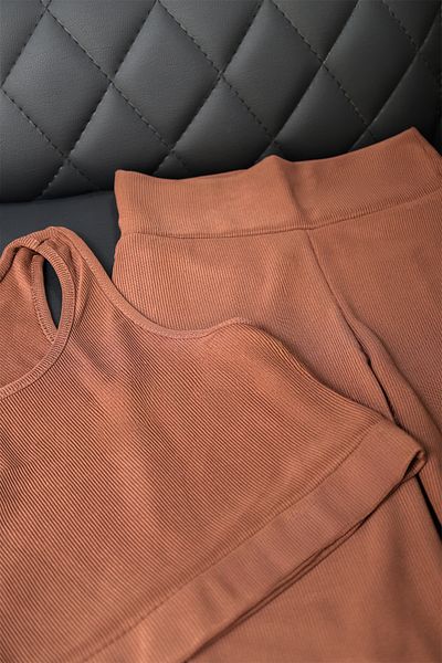 Zec Style High Waist, Ribbed, Bermuda Leggings Gathering Sports Leggings Crop Set Light Brown