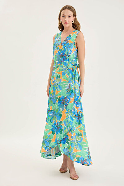 Vitrin V-Neck Tie Waist Flower Pattern Dress