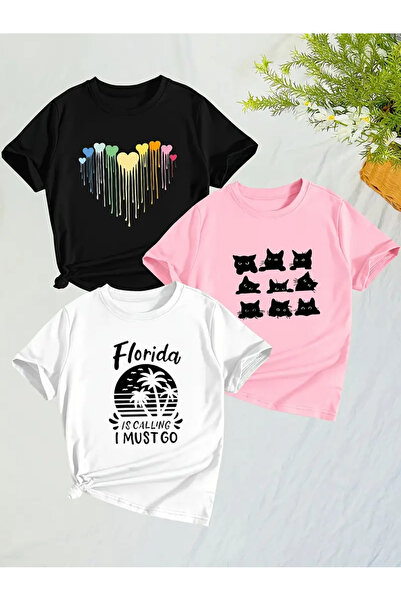 LOUİSA Κοριτσίστικο 3 Πακέτο Βαφή Καρδιές-Μαύρες Γάτες-Μπλουζάκι με στάμπα Fl...