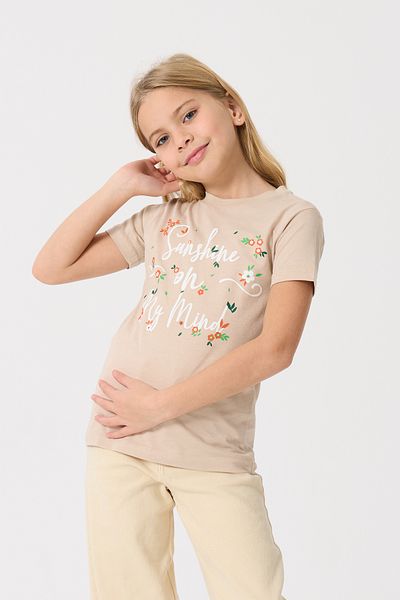 Nisrakids Girl's Floral Patterned Printed Crew Neck Cotton Combed T-Shirt