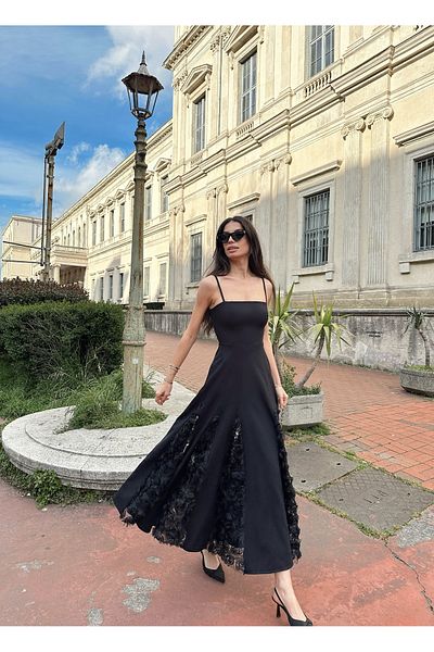 LOCH BUTİK Rochie maxi neagră cu bretele subțiri cu decolteu în U