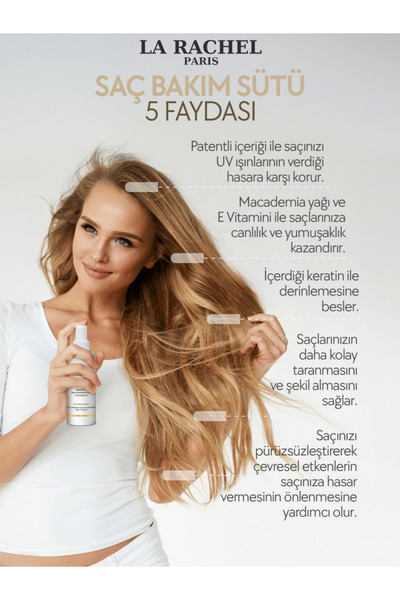 La Rachel UV Koruma, Kolay Tarama ve İpeksi Saçlar İçin Geliştirilmiş Durulanmayan Saç Sütü