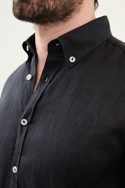 Mcr Plain Slim Fit 100% Linen Men's Shirt Black - 27068.25Y