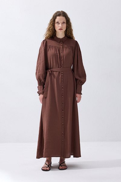 Hooopstore Καφέ Modal Φόρεμα με Ζώνη