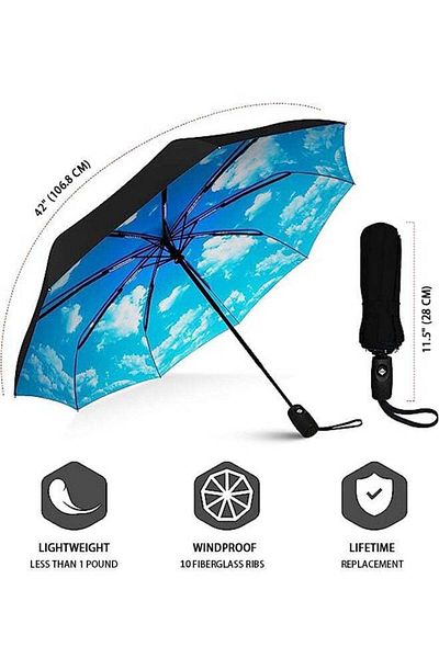 fulina Windproof Automatic Travel Umbrella,Strong & Portable,10 Ribs,Double Layer Canopy,for Rain Blue Sky