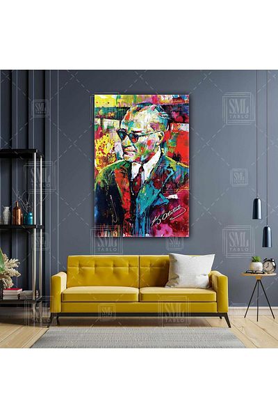 SML TABLO Πορτρέτο Mustafa Kemal Atatürk με εφέ ελαιογραφίας Γυαλιά Charisma Αφηρημένη κάθετη ζωγραφική σε καμβά
