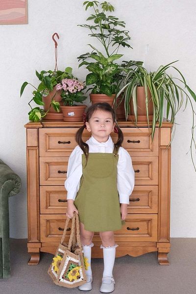 Ceylan Otantik Oil Green Duck Linen Children's Salopet with Skirt